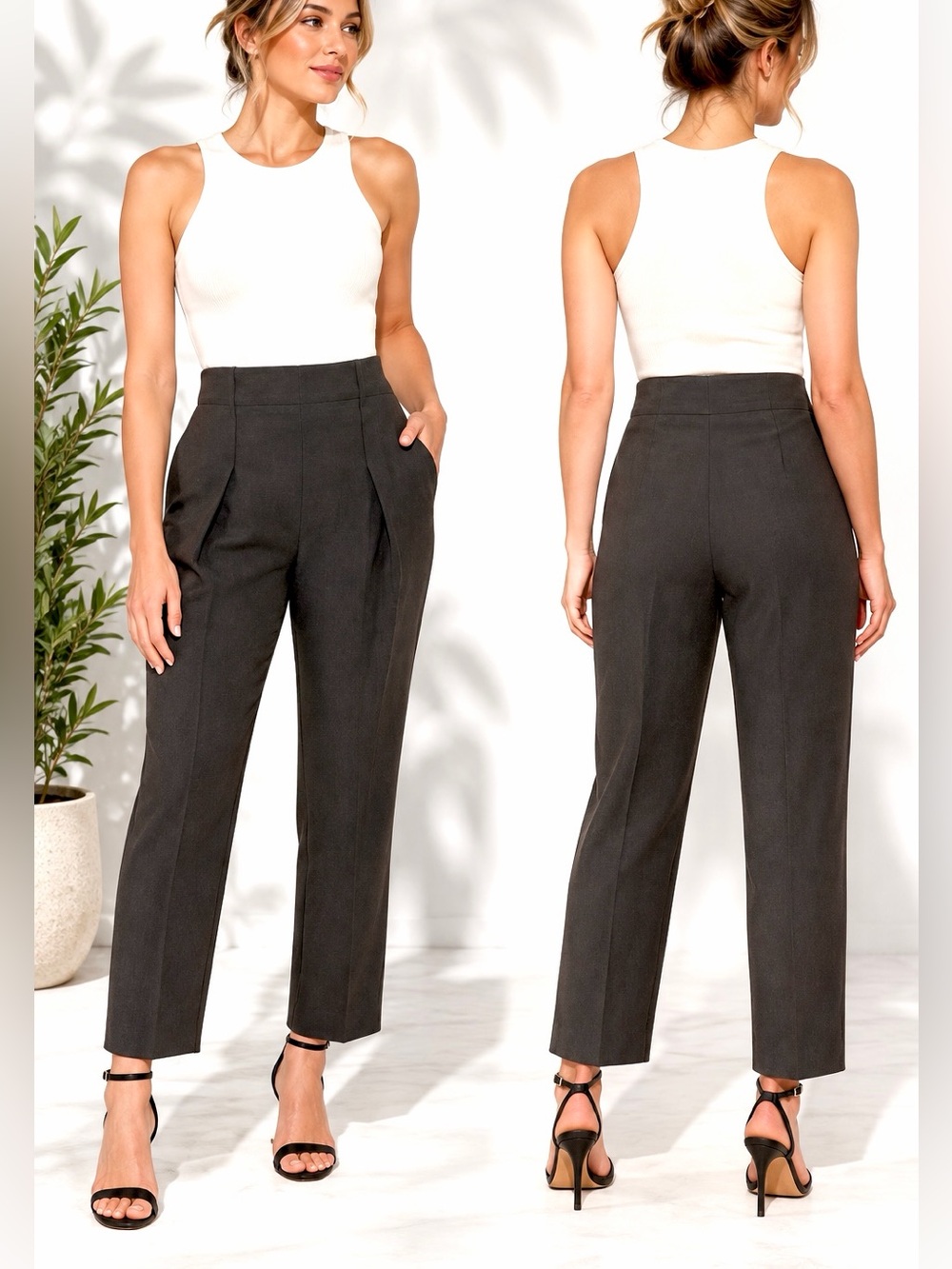 1.STATE High Rise Pleated Wide Leg Trousers Black Dress Pants Size 14
